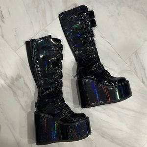Demonia Black holographic Patent Platform Knee High Boots, size 7, very good